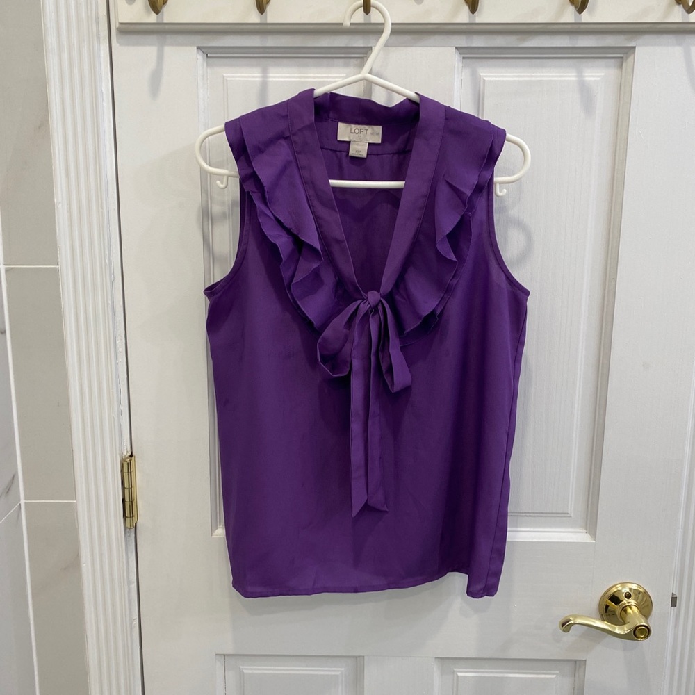 Loft Purple Ruffle Front Tie Top